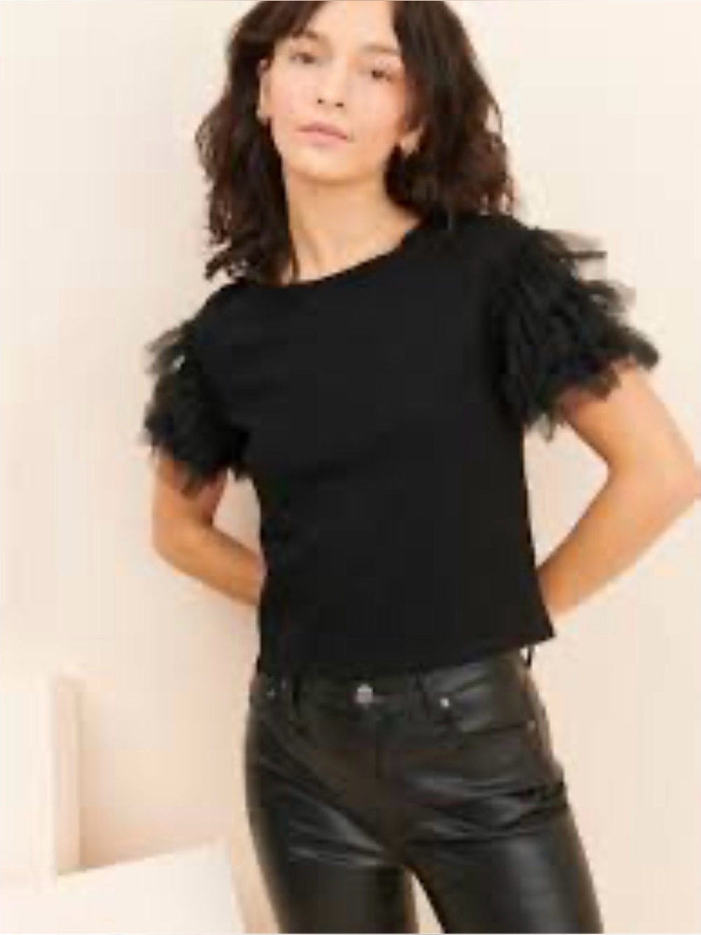 Joie Black Short-Sleeve Tee with Layered Tulle Sleeves